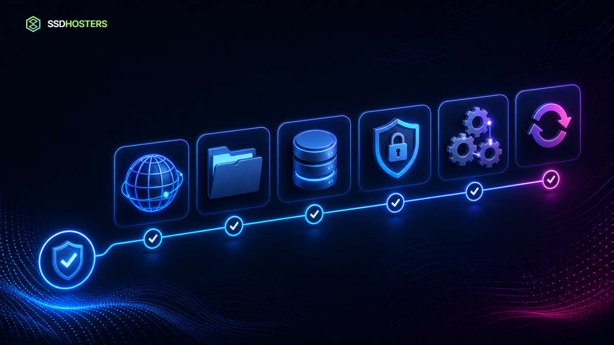 Gérer WordPress DirectAdmin — panneau de contrôle néon abstrait pour gérer WordPress dans DirectAdmin avec domaine, fichiers, base, SSL, PHP et sauvegarde