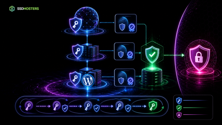DNSSEC WordPress néon avec zone signée, chaîne de confiance, validation et rotation de clés