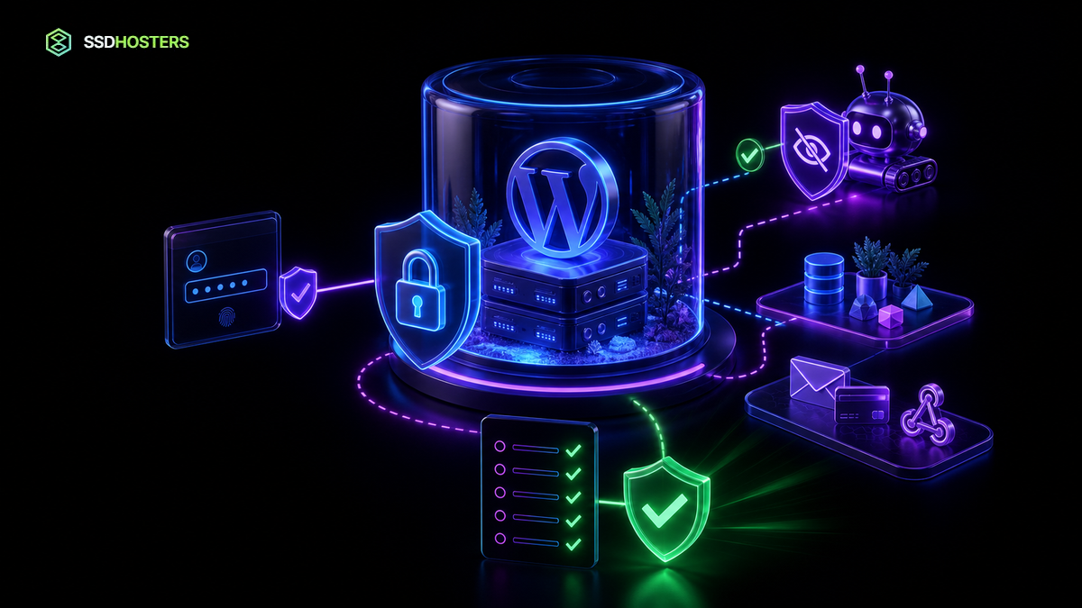 Staging WordPress noindex — staging WordPress néon protégé par accès et noindex avec données et services neutralisés