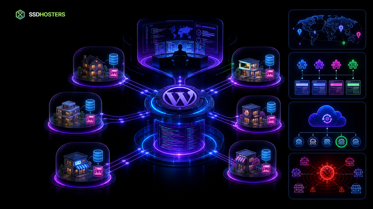 WordPress Multisite hébergement — wordPress Multisite néon avec noyau partagé, sites séparés, administration réseau et sauvegarde