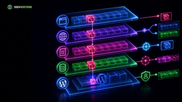 Problème cache CDN WordPress — diagnostic néon d’un problème de cache CDN WordPress séparant navigateur, edge, page, objet et origine