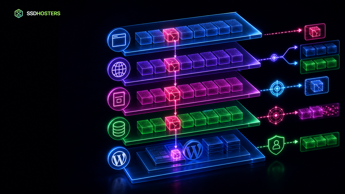 Problème cache CDN WordPress — diagnostic néon d’un problème de cache CDN WordPress séparant navigateur, edge, page, objet et origine