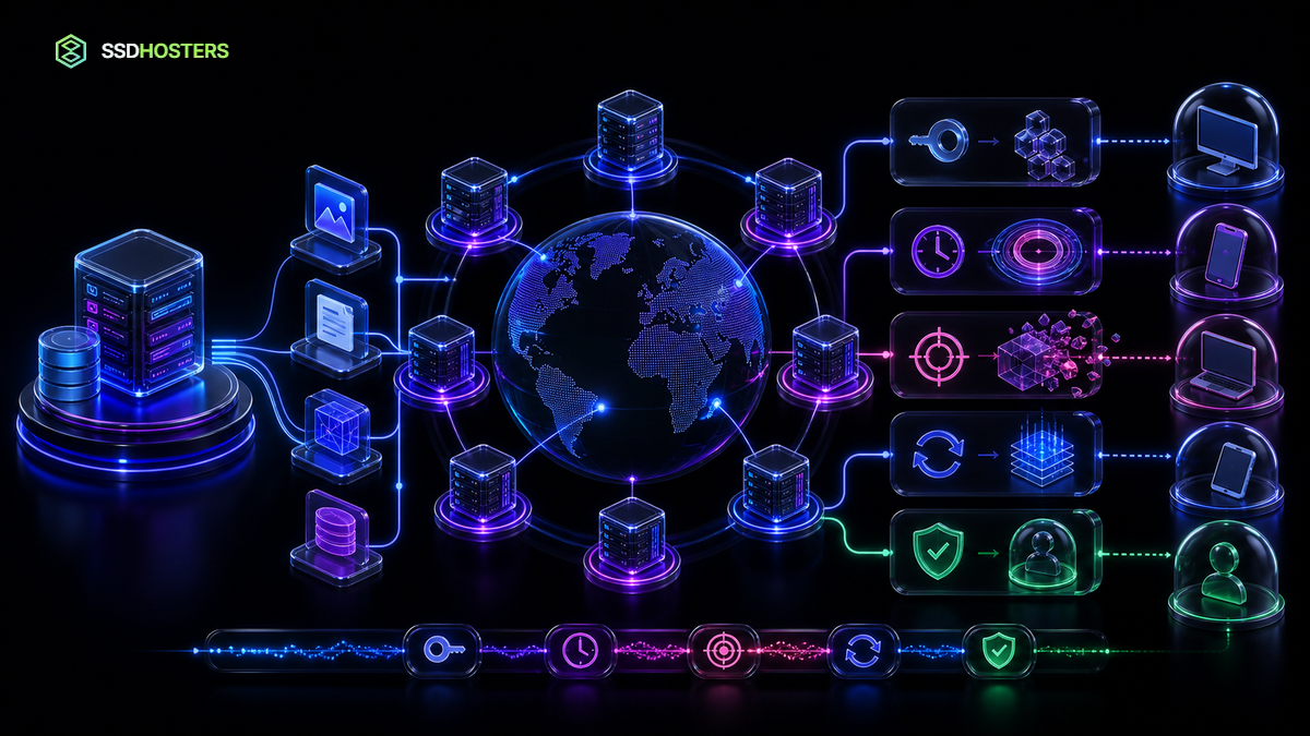CDN WordPress néon distribuant actifs et HTML avec clés de cache, origine et purge contrôlée