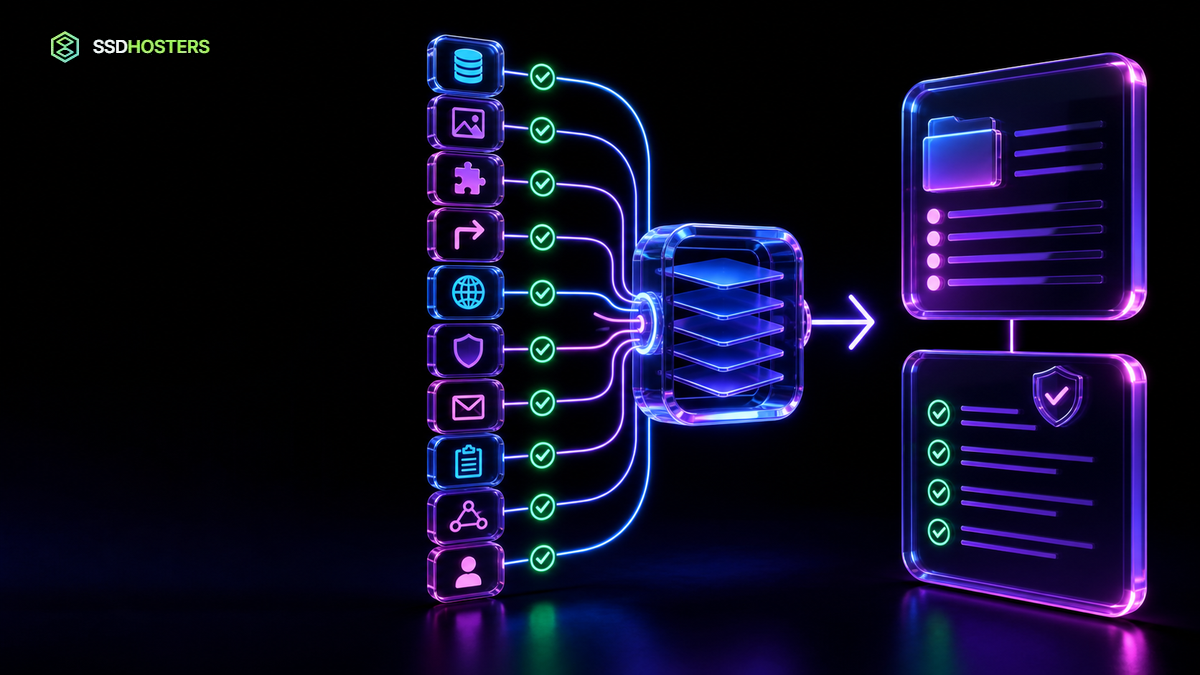 Inventaire migration WordPress néon reliant base, fichiers, DNS, certificats, e-mails et intégrations