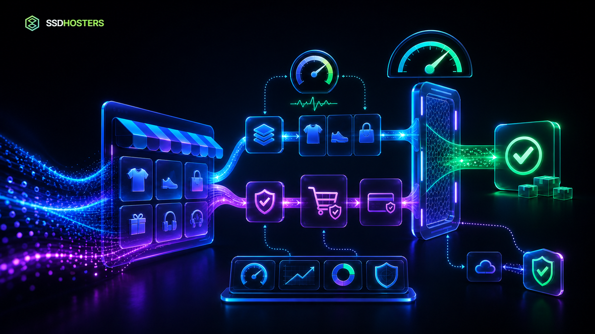 Préparer WooCommerce au trafic — boutique WooCommerce néon préparée à une campagne avec parcours, cache, paiement, surveillance et capacité contrôlée