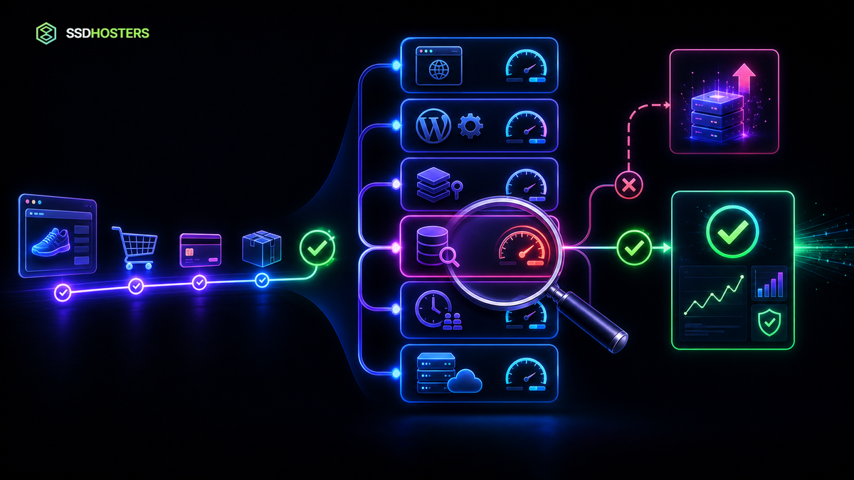 Diagnostic néon d’un WooCommerce lent avec parcours, cache, requêtes, tâches, extensions et capacité