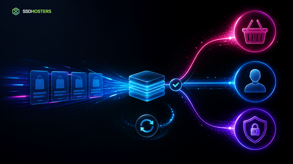 Flux de cache WooCommerce néon séparant pages catalogue rapides et parcours dynamiques du panier, compte et paiement