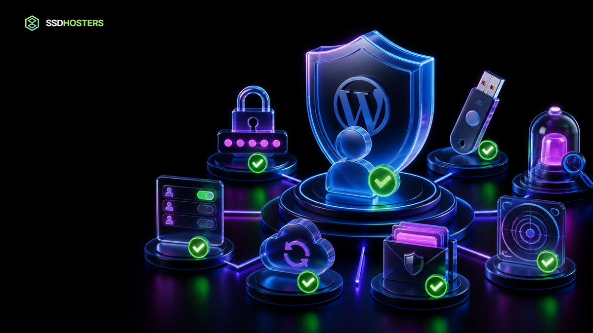 MFA WordPress administrateur néon avec clé de sécurité, privilèges minimaux et récupération contrôlée